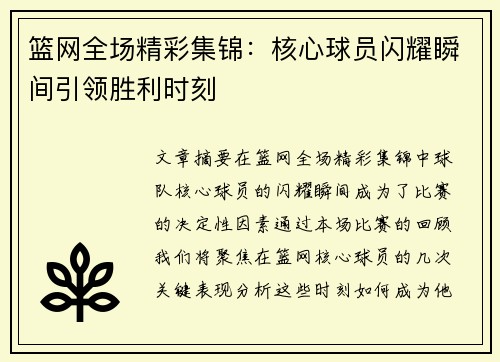 篮网全场精彩集锦：核心球员闪耀瞬间引领胜利时刻