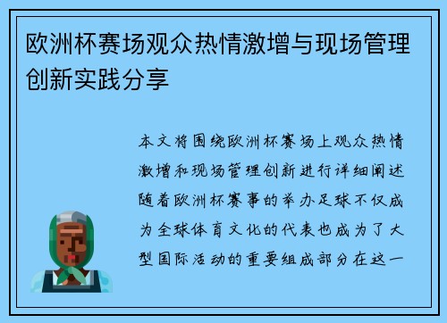 欧洲杯赛场观众热情激增与现场管理创新实践分享
