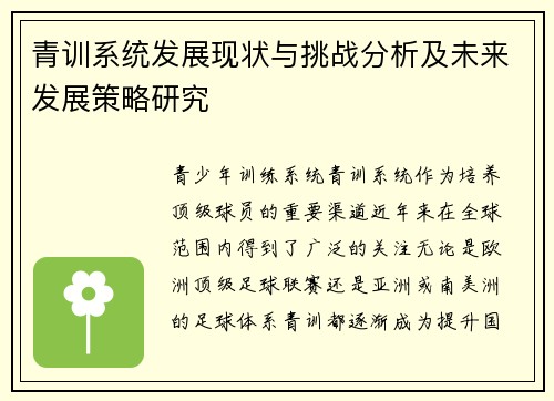 青训系统发展现状与挑战分析及未来发展策略研究